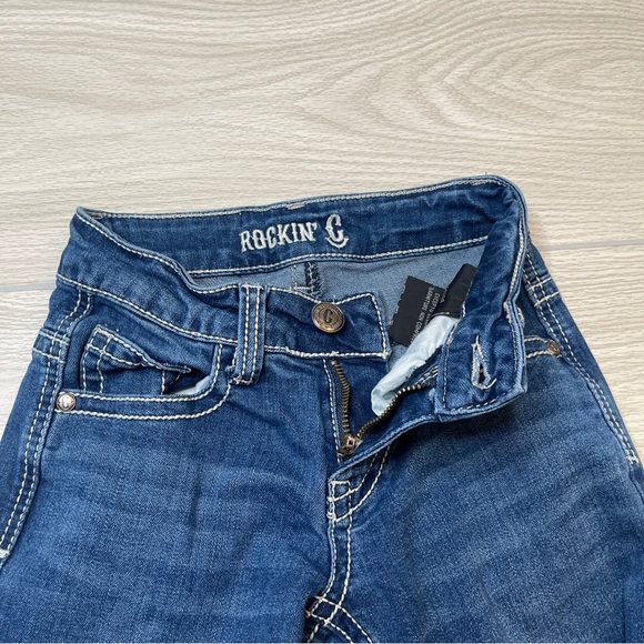 Rockin C Pink Cross Embroidered Pocket Western Bootcut Blue Jeans Girl’s Size 8 - Picture 8 of 13